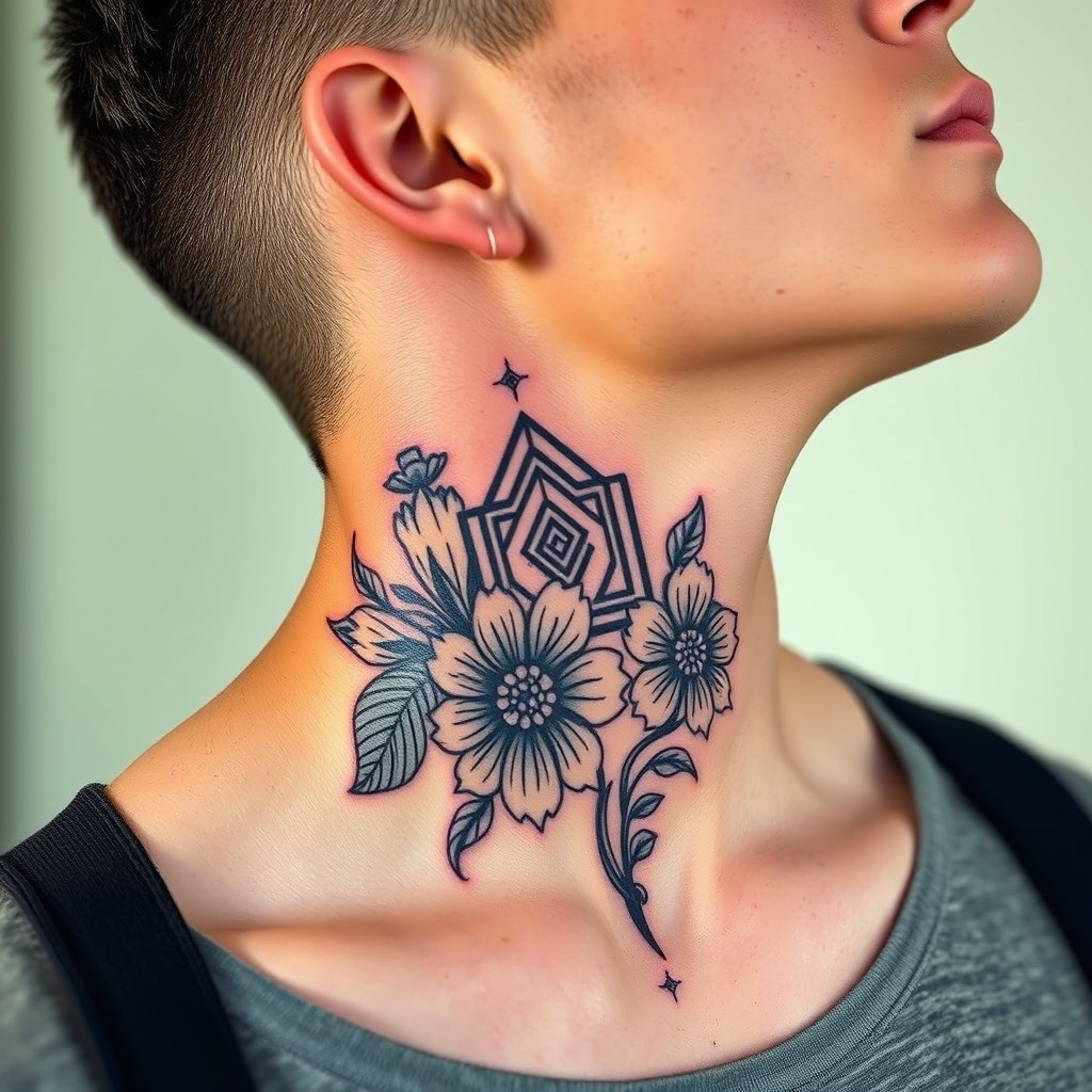 A stylish tattoo design on a man's neck featuring intricate geometric patterns intertwined with floral elements, showcasing bold black lines and subtle hints of color
