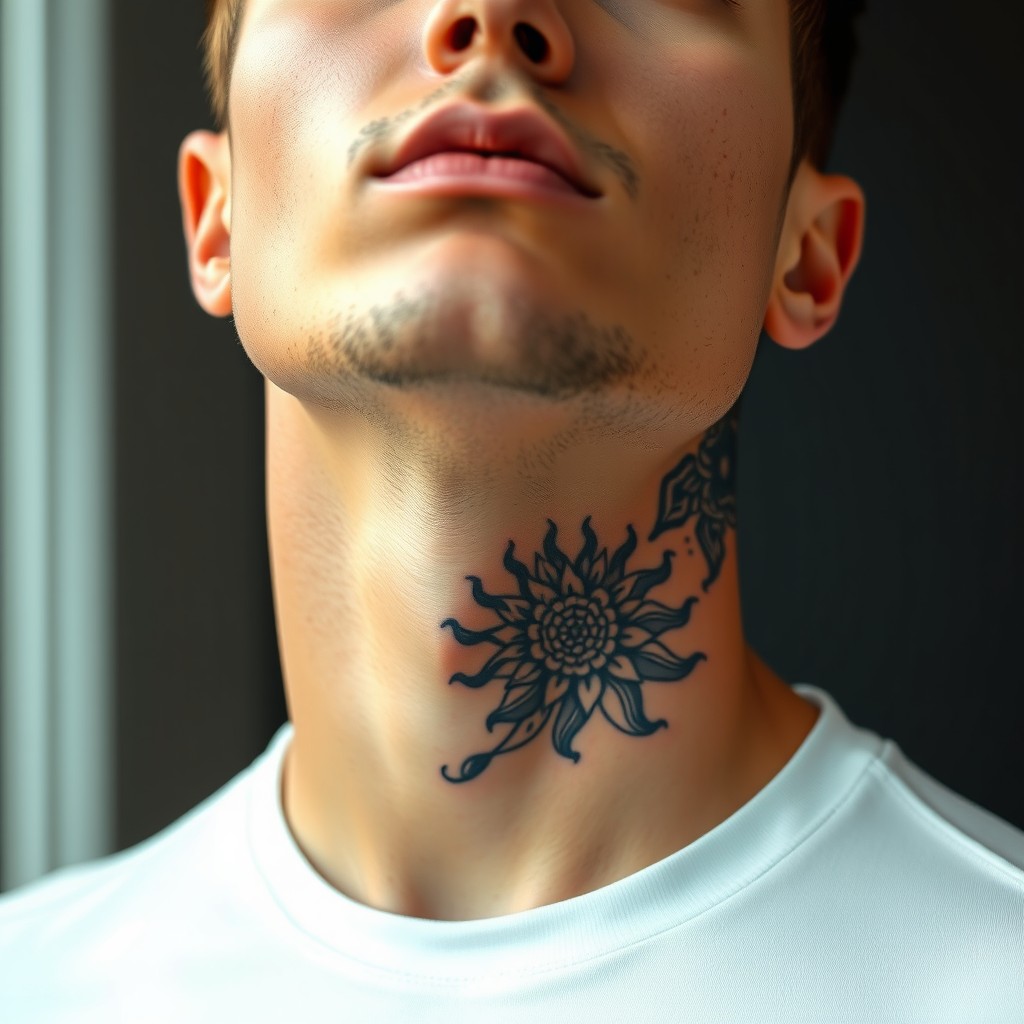 A close-up portrait of a stylish tattoo on a man's neck, featuring intricate designs that blend modern art with traditional tattoo elements