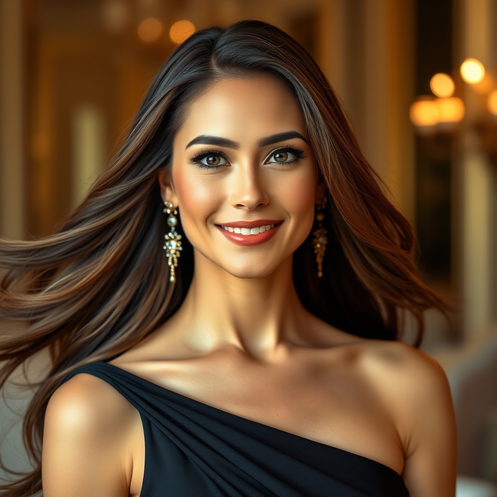 A stunning portrait of an elegant woman with long flowing hair, wearing a sophisticated evening gown