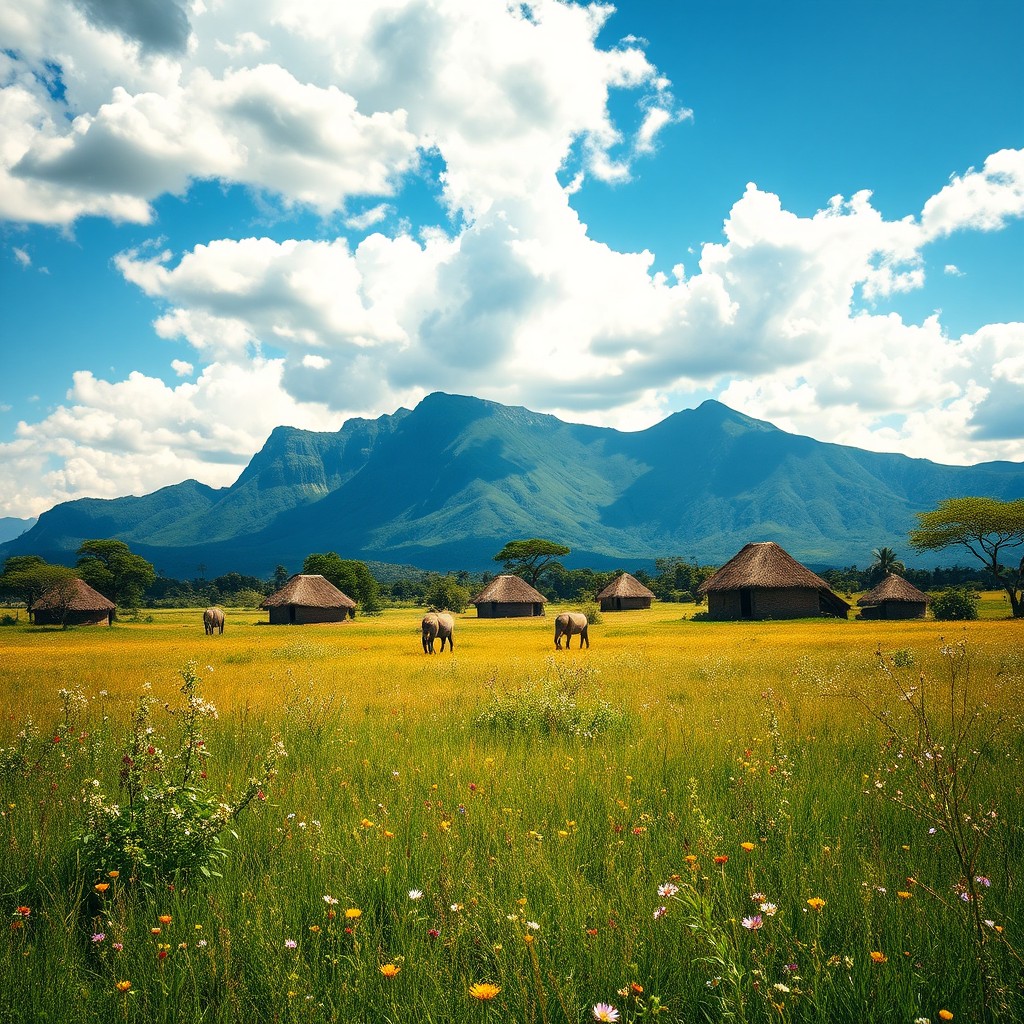 A picturesque scene depicting a serene meadow in a vibrant African village, surrounded by lush greenery and wildflowers, with traditional huts dotting the landscape