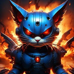 A dark, menacing version of Doraemon, the blue robotic cat from Japan, emphasizing his evil features. Drastic colors and a fiery background can emphasize this altered sinister character.