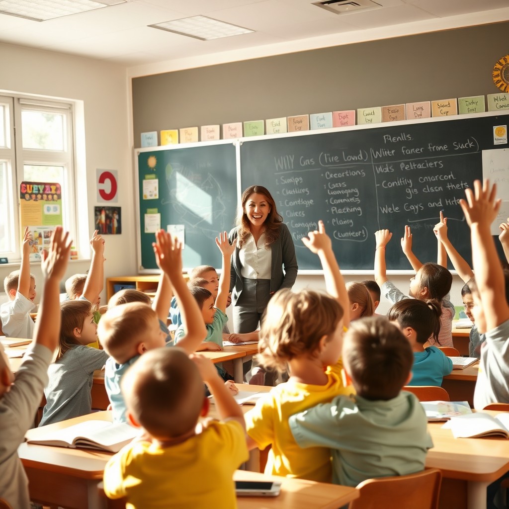 A classroom scene filled with energetic children engaged in various activities during lesson time