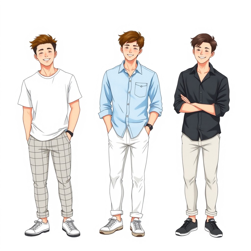 Three modern young men illustrated in the enchanting style of Ghibli characters, showcasing realistic proportions