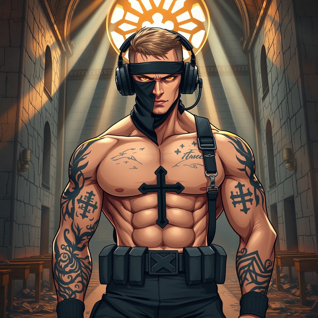 A stunning, anime-inspired semi-realistic illustration of a muscular man with sharp features and stylized proportions
