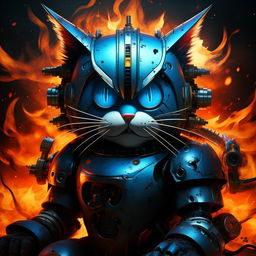 A dark, menacing version of Doraemon, the blue robotic cat from Japan, emphasizing his evil features. Drastic colors and a fiery background can emphasize this altered sinister character.