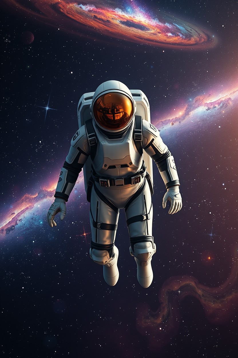 A futuristic space tourist floating in deep space, wearing a sleek, high-tech, form-fitting spacesuit with shiny elements and a reflective helmet