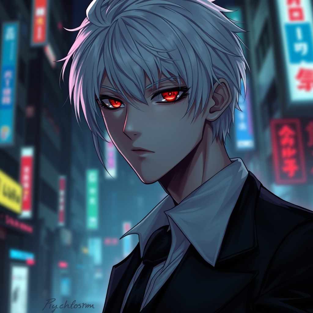A dramatic portrait of a character inspired by Kaneki from Tokyo Ghoul, featuring a young man with platinum white hair and striking crimson eyes