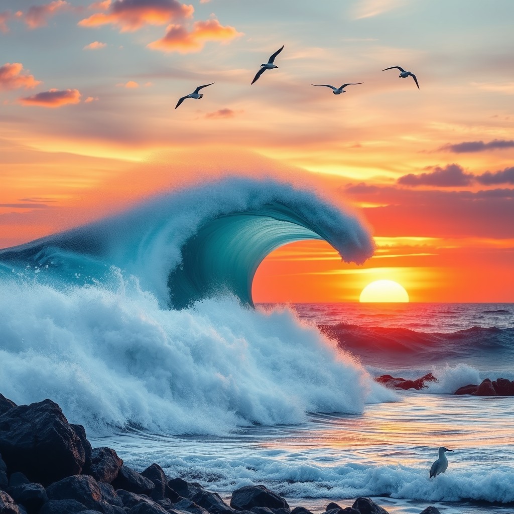A stunning, colossal wave crashing onto a rocky shore during a vibrant sunset
