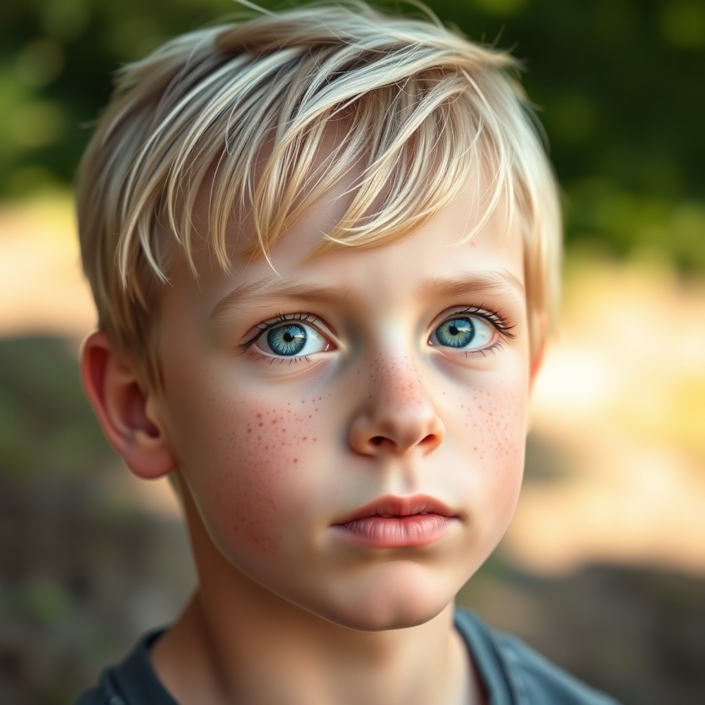 A long-faced young boy with a sprinkling of freckles across his cheeks, featuring striking blue and green heterochromia in his eyes