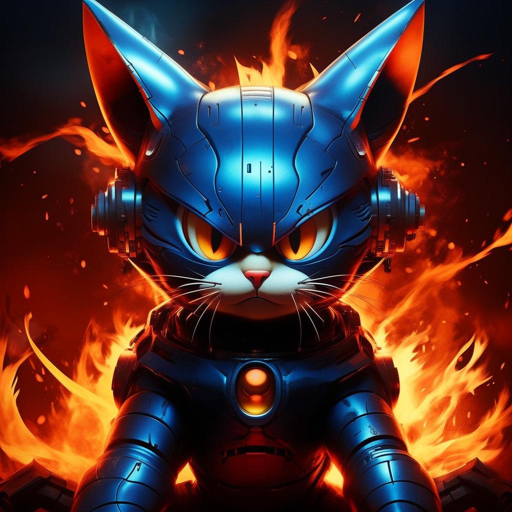 A dark, menacing version of Doraemon, the blue robotic cat from Japan, emphasizing his evil features. Drastic colors and a fiery background can emphasize this altered sinister character.