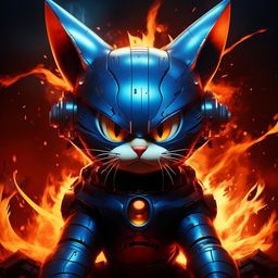 A dark, menacing version of Doraemon, the blue robotic cat from Japan, emphasizing his evil features. Drastic colors and a fiery background can emphasize this altered sinister character.