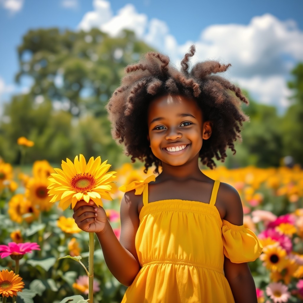 A beautiful black girl with natural curls, wearing a vibrant yellow dress, standing in a sunlit park surrounded by blooming flowers