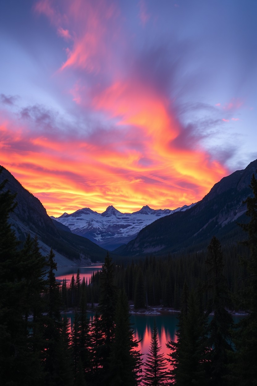 A stunning sunset over a picturesque mountain landscape, with vibrant oranges, pinks, and purples painting the sky