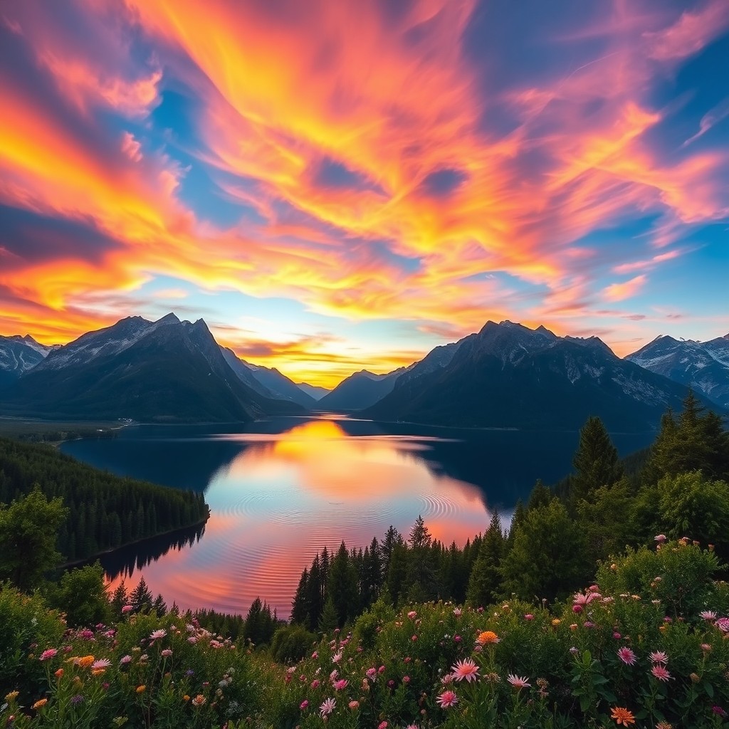 A breathtaking landscape showcasing a serene lake surrounded by majestic mountains, reflecting the vibrant colors of sunset