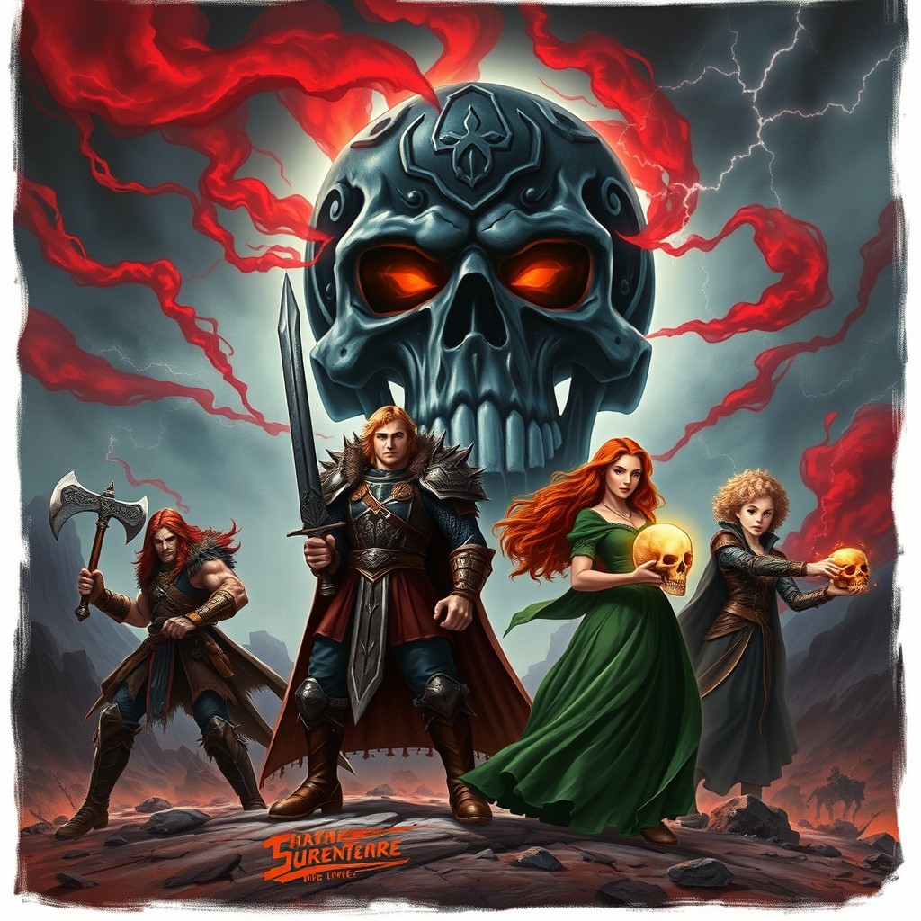 Fantasy book cover illustration featuring four main characters in the foreground: a fierce red-haired barbarian wearing leather and fur, confidently holding a battle axe; a tall and strong blond paladin clad in shining armor with a great sword ready for battle; a druidess with voluminous ginger hair, elegantly dressed in a flowing green gown; and a pale young curly-haired necromancer gripping a glowing skull