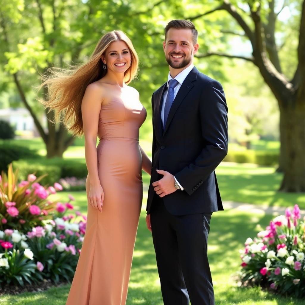 A tall, elegant woman with long flowing hair wearing a stylish dress, standing confidently beside her short husband who is in a sharp tailored suit