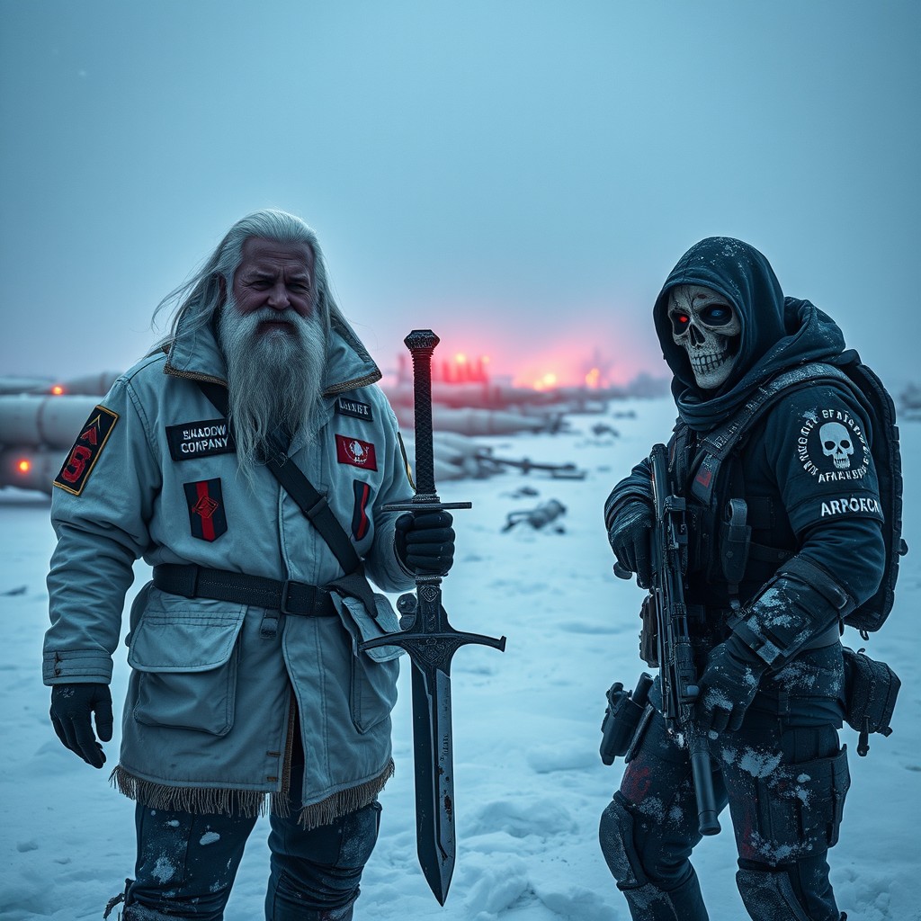 An ultra-realistic cinematic shot inspired by Call of Duty: Black Ops 6, featuring two characters standing in a fierce Siberian snowstorm