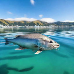 A colossal fish gracefully swimming in the clear blue waters of Wellington Harbor, New Zealand. The breathtaking scenery is complete with the city skyline and distant mountains.