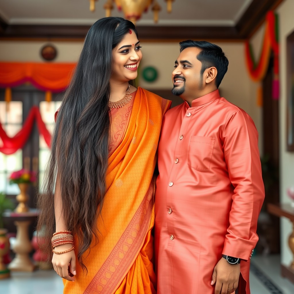 A tall Indian woman with long, flowing hair standing proudly beside her short husband, both dressed in traditional Indian attire