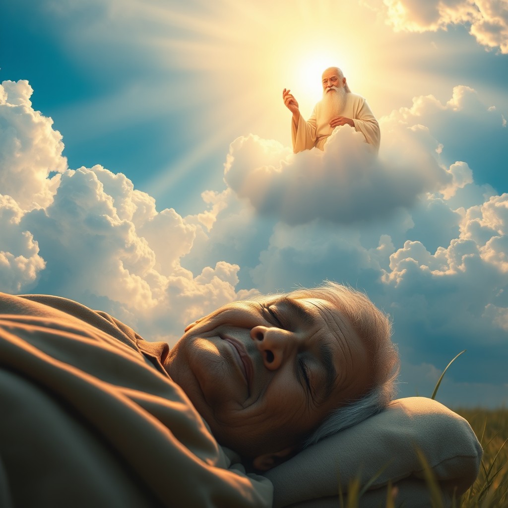 An elderly farmer peacefully sleeping under a radiant sky, with a soft glow of light streaming from above