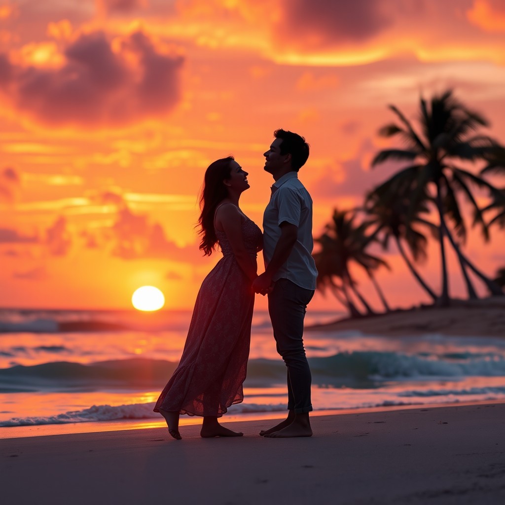 A romantic sunset scene featuring a loving couple on a serene beach, silhouetted against a vibrant sky painted with hues of orange, pink, and purple