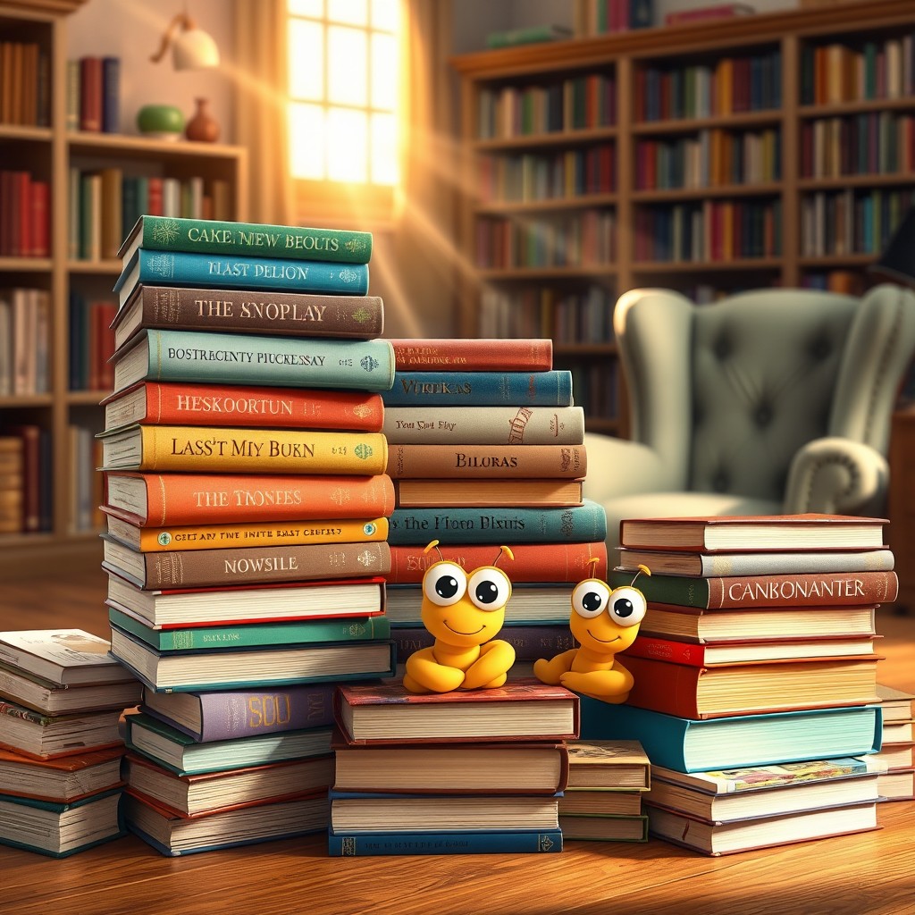 A whimsical scene depicting colorful piles of books stacked haphazardly, each showing unique covers with various titles and illustrations