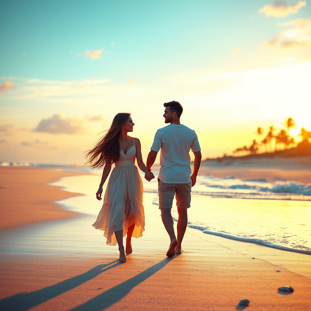 A romantic couple walking hand in hand on a sunlit beach during sunset, soft waves gently lapping at their feet, their silhouettes glowing against the vibrant colors of the sky