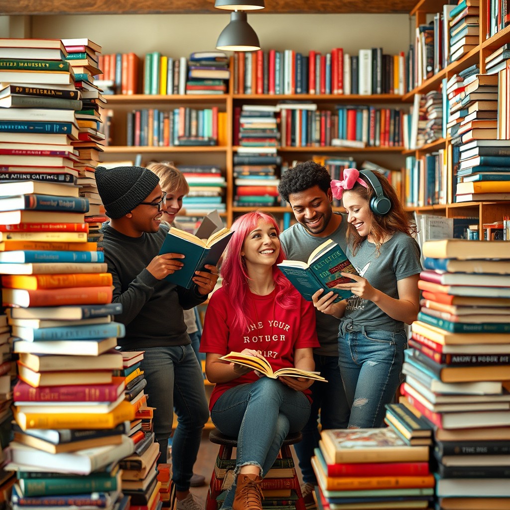 A cozy scene depicting piles of colorful books stacked high, with a diverse group of book nerds happily engaging in conversation in front of them