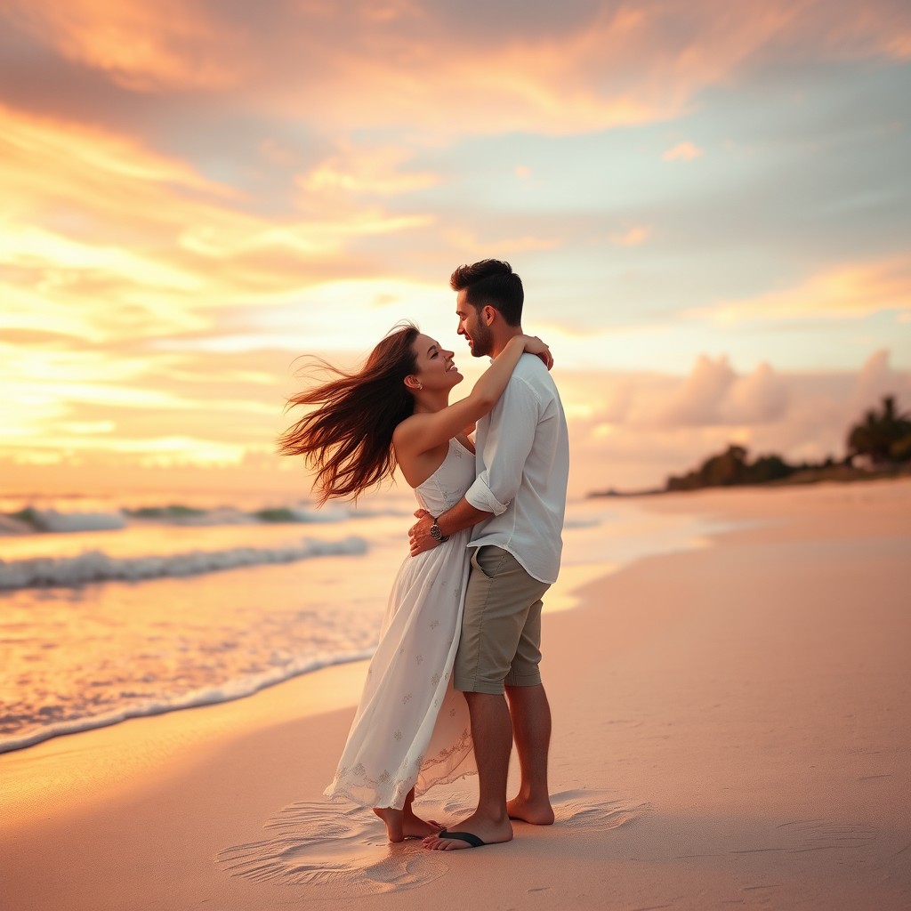 A romantic couple embracing on a beautiful beach at sunset, showcasing their love in a heartwarming scene