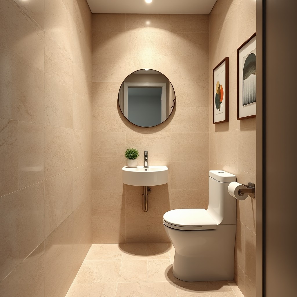 A small guest toilet designed with elegant travertine stone tiles covering the walls and floor, featuring a sleek modern toilet