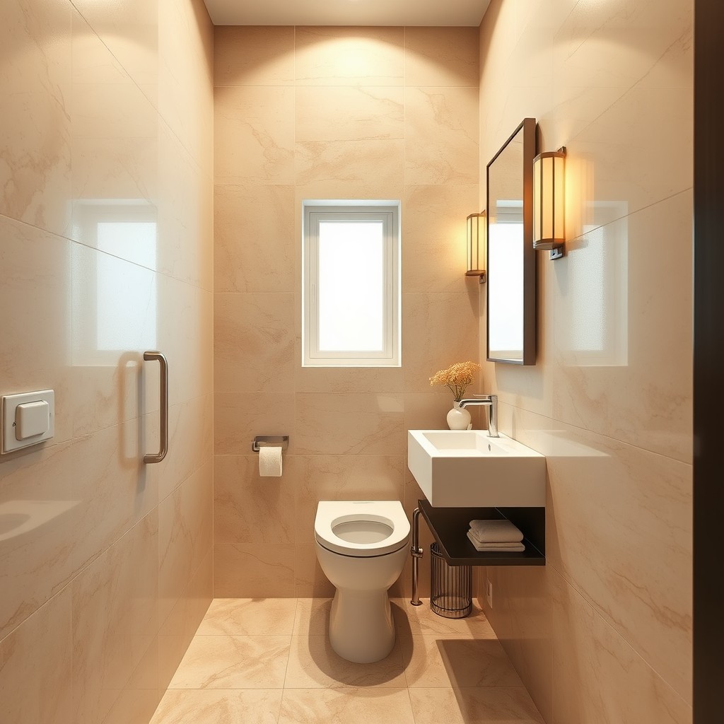 A beautifully designed small guest toilet featuring travertine tiles on both the floor and walls
