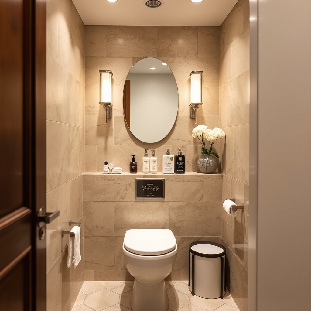 A beautifully designed small guest toilet featuring travertine stone walls and flooring, with elegant lighting fixtures, a modern sink with a sleek faucet, and tasteful decor that enhances the luxurious ambiance