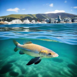 A colossal fish gracefully swimming in the clear blue waters of Wellington Harbor, New Zealand. The breathtaking scenery is complete with the city skyline and distant mountains.