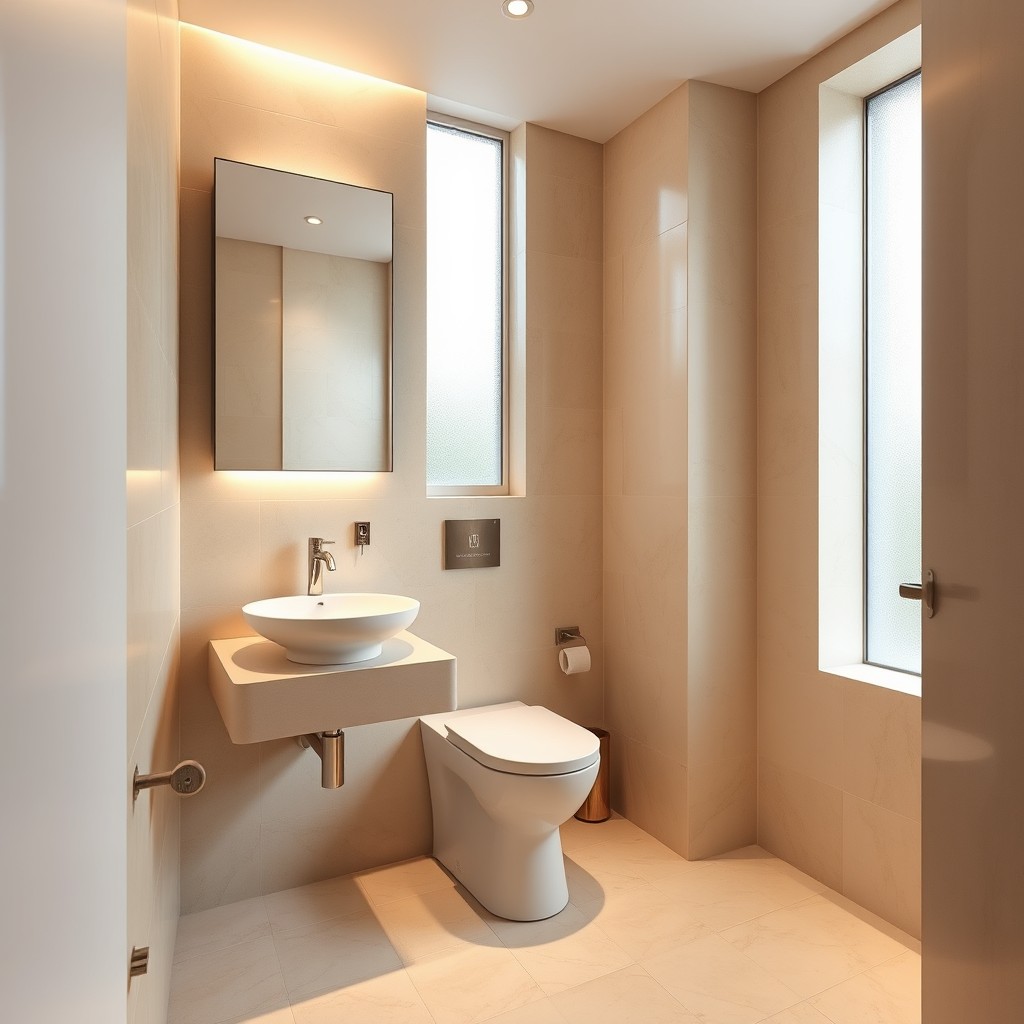 A beautifully designed small guest toilet featuring travertine tiles on both the floor and walls