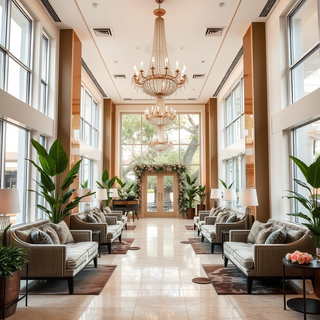 An elegantly decorated reception hall featuring elevated and fixed furniture in a modern design