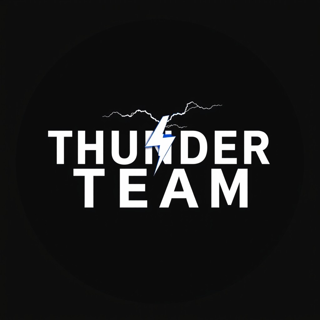A striking image featuring the bold text 'THUNDER TEAM' in white against a completely black background
