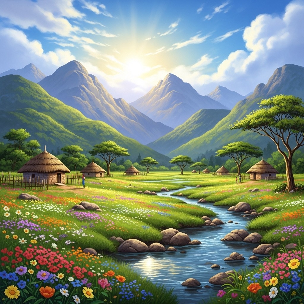 A brilliant and colorful scene depicting a serene meadow in an African village, adorned with vibrant wildflowers and sparkling sunlight