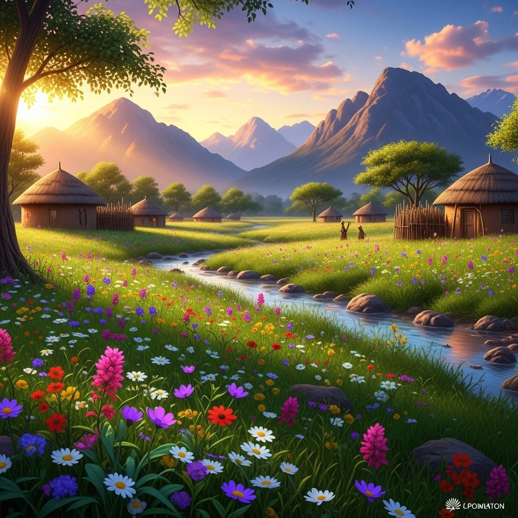 A brilliant and colorful scenic image of a lush meadow in an African village