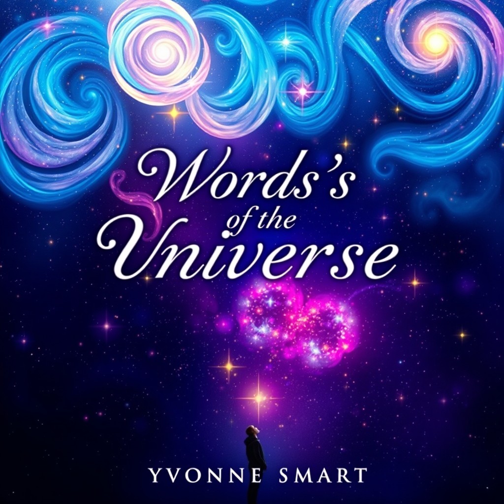 The front cover of a book titled 'Words of the Universe' by Yvonne Smart, featuring a cosmic scene with colorful swirling galaxies and stars set against a deep space background