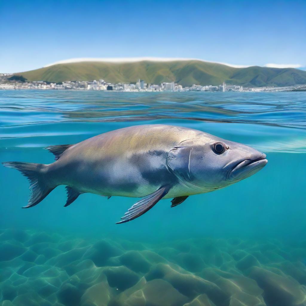 A colossal fish gracefully swimming in the clear blue waters of Wellington Harbor, New Zealand. The breathtaking scenery is complete with the city skyline and distant mountains.