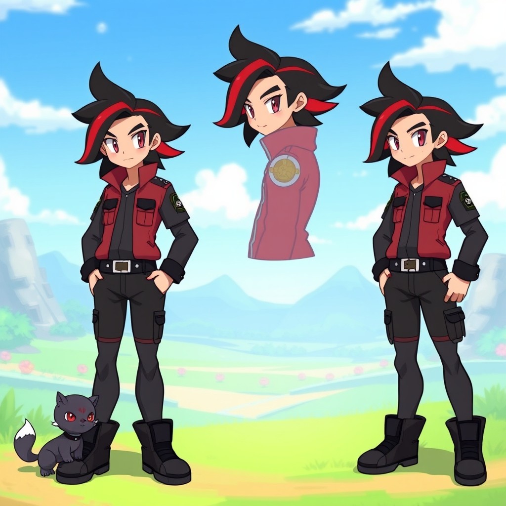 A tall, medium skinny humanoid character crafted for a Pokémon game, characterized by striking black and red hair styled in a trendy manner