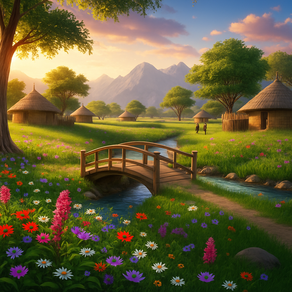 A brilliant and colorful scenic image of a lush meadow in an African village