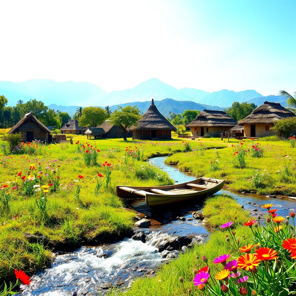 A vibrant and lively scene of a lush meadow in an African village, featuring a small wooden raft gently resting on a flowing stream