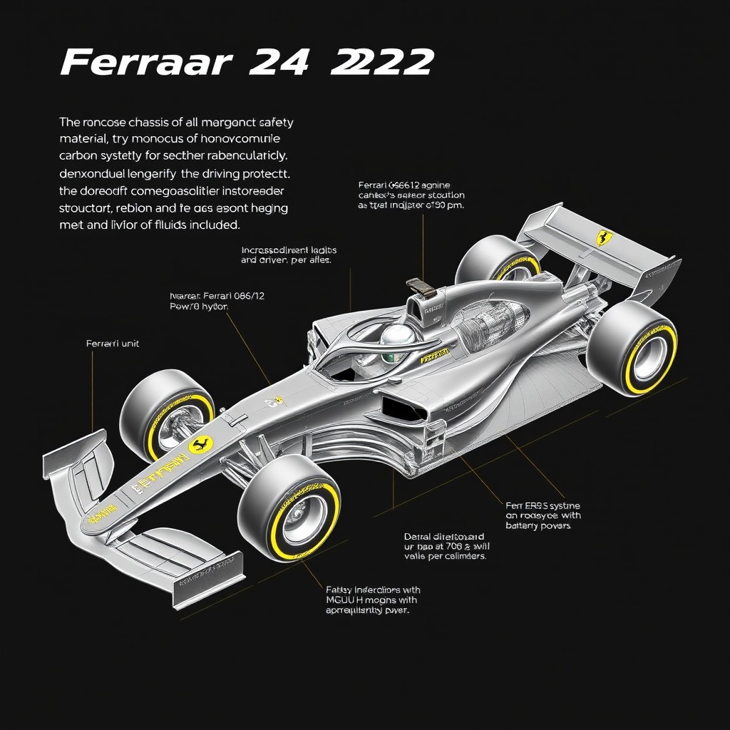 A technical drawing of the Ferrari SF-24 F1 car, showcasing its evolution with a focus on the key features such as the monocoque chassis made of honeycomb carbon fiber material