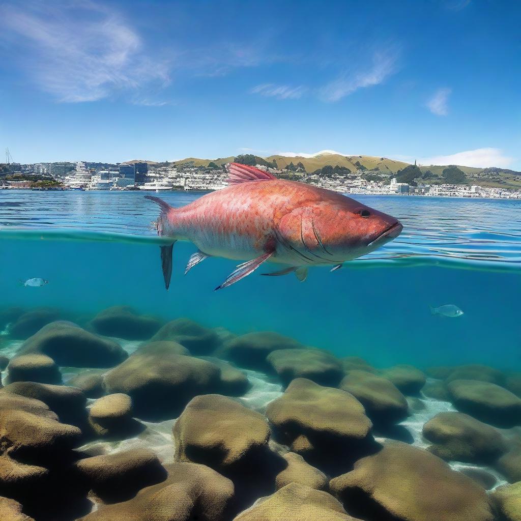 A colossal fish gracefully swimming in the clear blue waters of Wellington Harbor, New Zealand. The breathtaking scenery is complete with the city skyline and distant mountains.