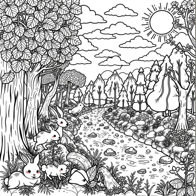 A detailed coloring page featuring a whimsical forest scene