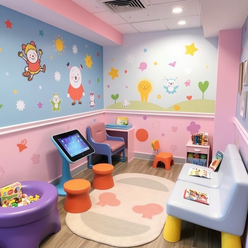 A vibrant and cheerful pediatric dentist waiting area designed specifically for children