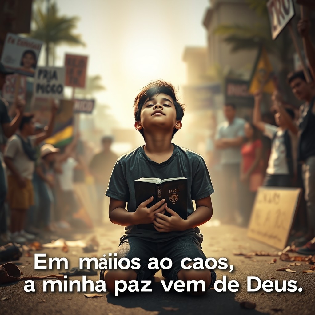 A young Brazilian person kneeling in the middle of a chaotic street protest, with their eyes closed and a calm, peaceful expression