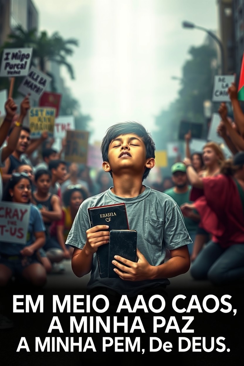 A young Brazilian person kneeling in the middle of a chaotic street protest with their eyes closed, holding a Bible in both hands