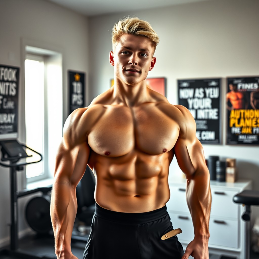 A fit young blond guy with impressive muscular pecs, standing confidently in his stylish room
